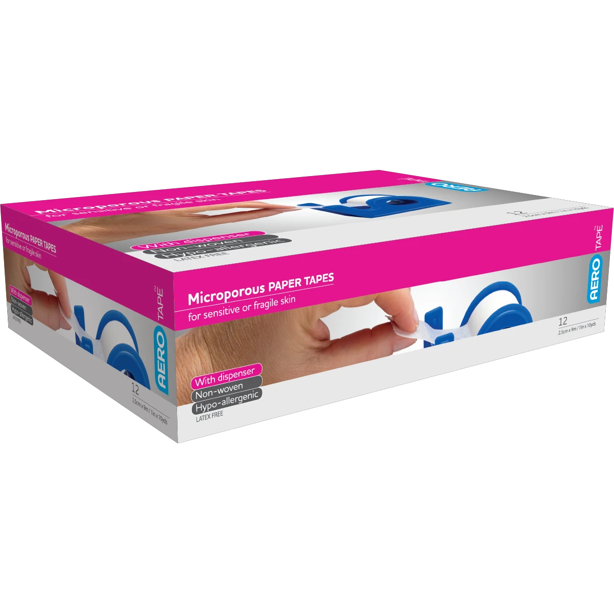 AEROTAPE White Microporous Paper Tape with Dispenser 2.5cm x 9.1M Box/12