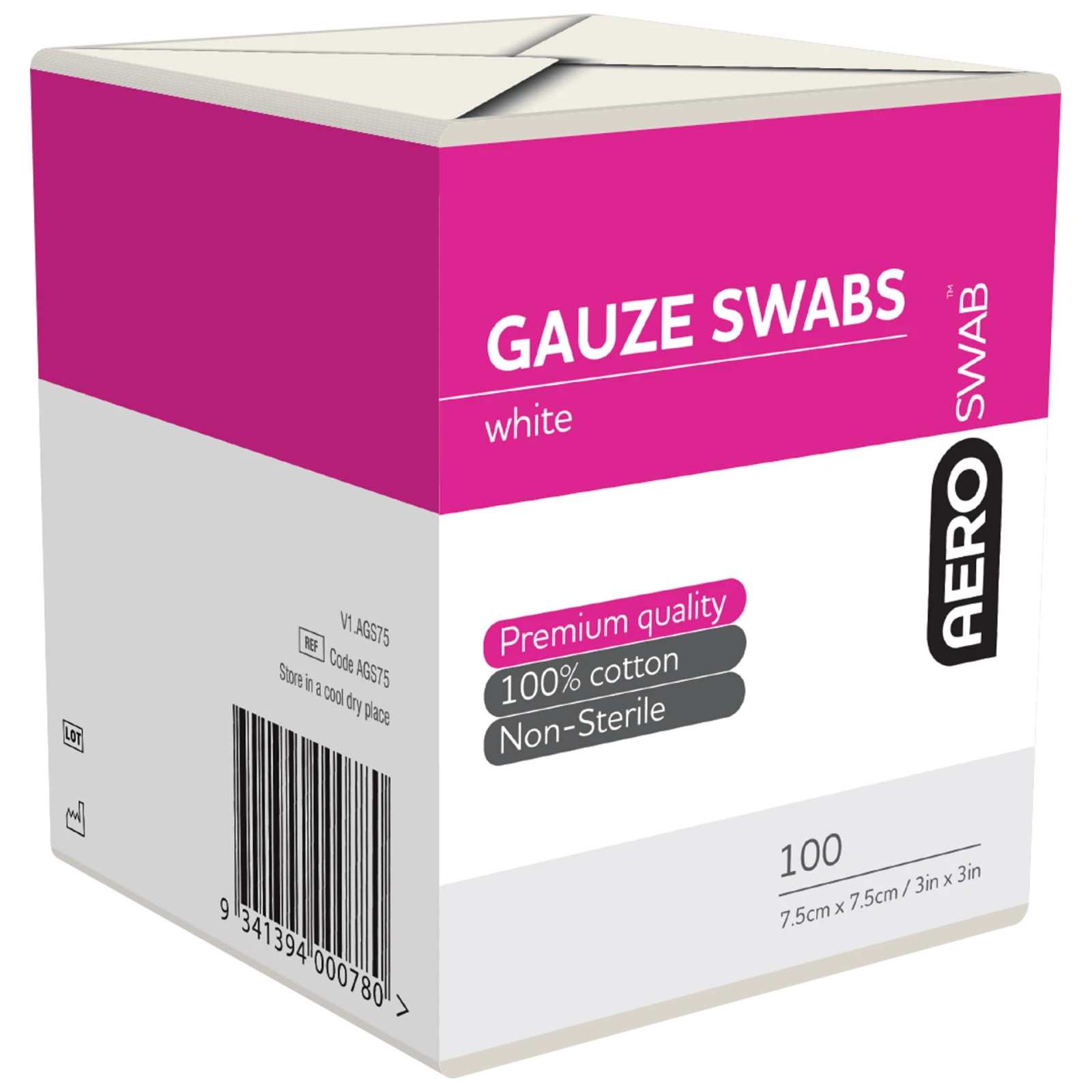 AEROSWAB Non-Sterile White Gauze Swab 7.5 x 7.5cm (8PLY) Pack/100